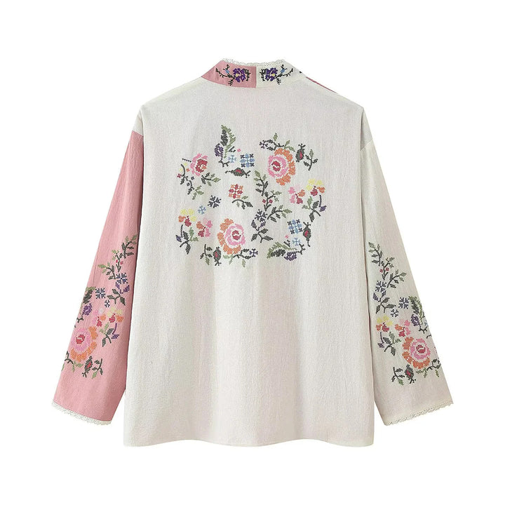 Women's embroidered kimono cardigan with open front, lace trim and floral embroidery Mune Fashion