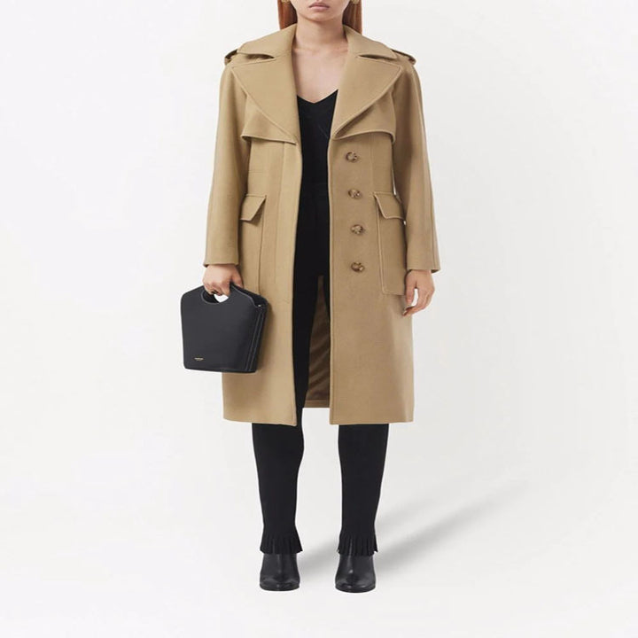 Women Mid-length Wool Blend Long Coat with Double Shoulder Yoke, Flap Pockets and Subtle Waistline Mune Fashion