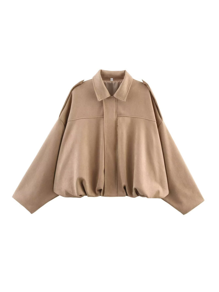 Women's loose short jacket with balloon hem, concealed closure and shoulder flaps Mune Fashion