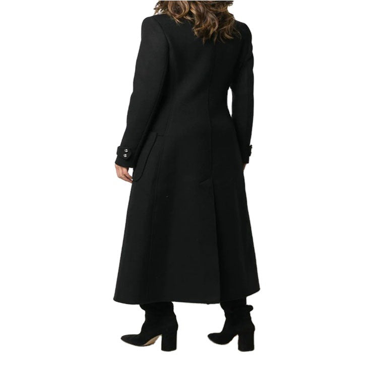 Women's Ankle-Length Tailored Wool Blend Coat with Stand-Up Collar and Decorative Button Placket Mune Fashion