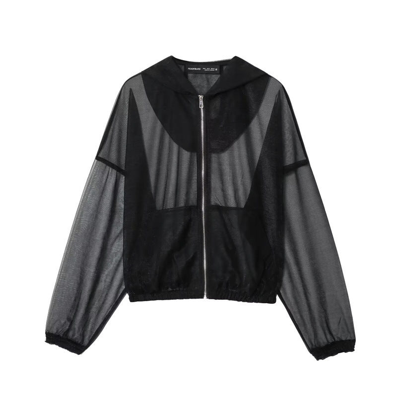 Women's Transparent Mesh Training Jacket with Hood, Full Zip and Elastic Hem Mune Fashion