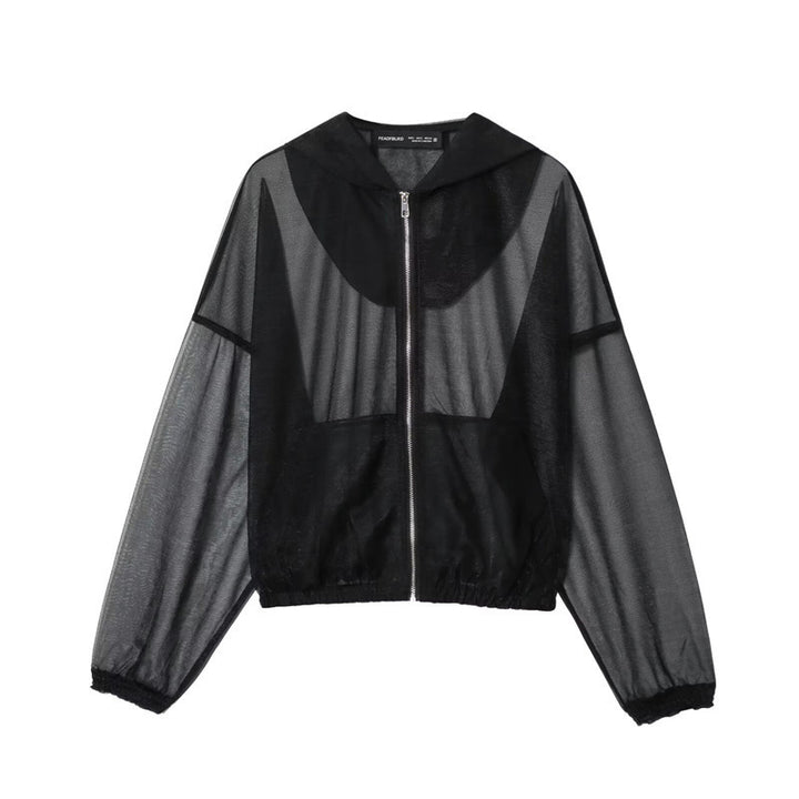 Women's Transparent Mesh Training Jacket with Hood, Full Zip and Elastic Hem Mune Fashion