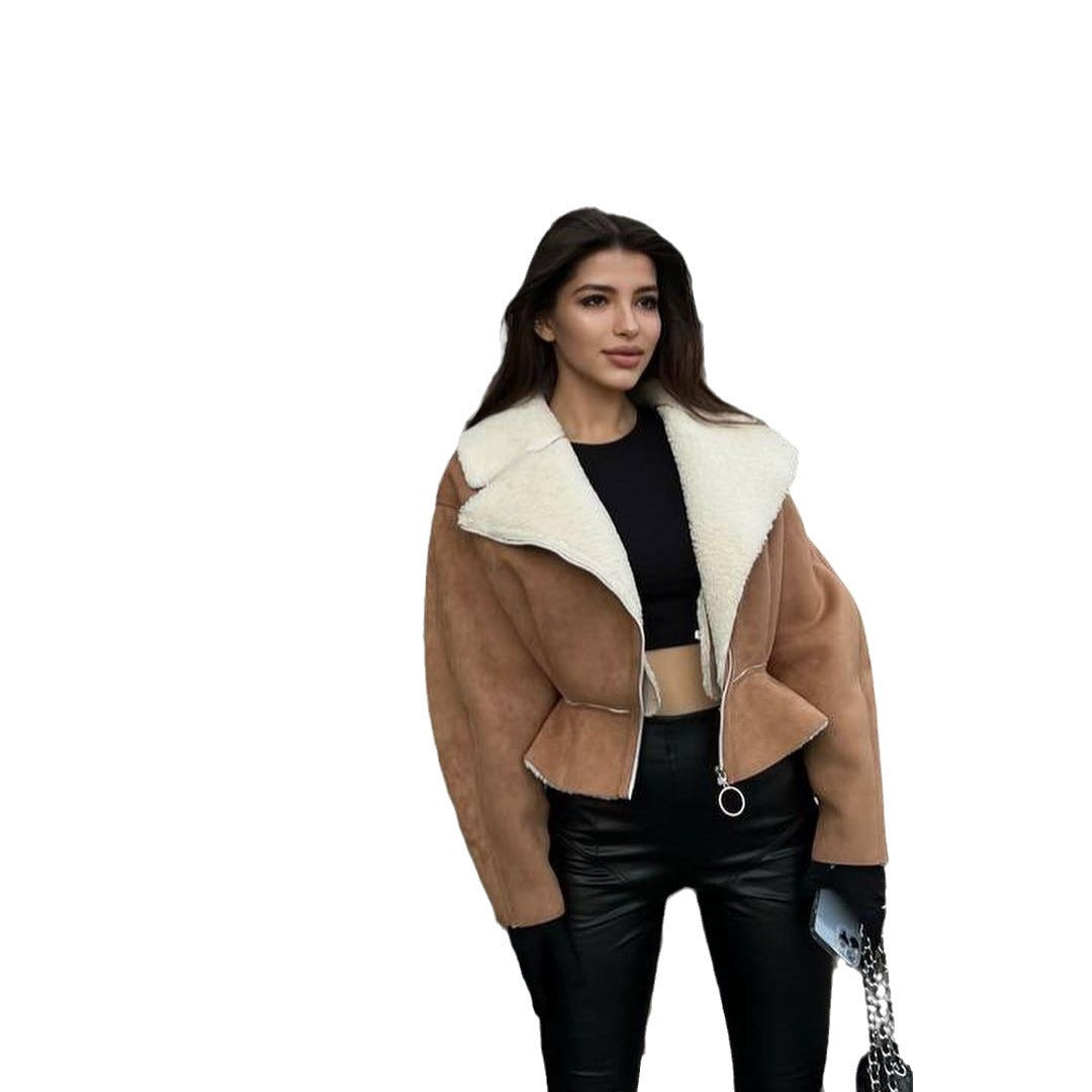 Women's Short Lambskin Imitation Biker Jacket with Oversized Collar and Asymmetrical Zipper Mune Fashion