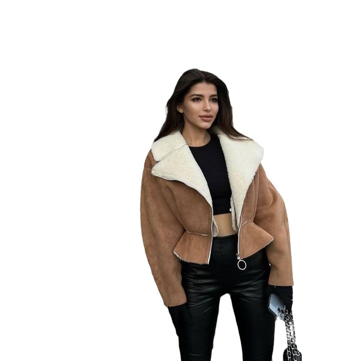 Women's Short Lambskin Imitation Biker Jacket with Oversized Collar and Asymmetrical Zipper Mune Fashion