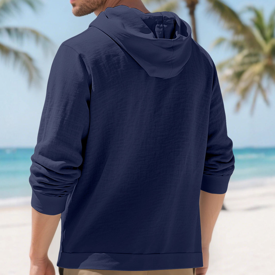 Men's lightweight hooded overshirt in crinkle look with wooden button placket and kangaroo pocket Mune Fashion