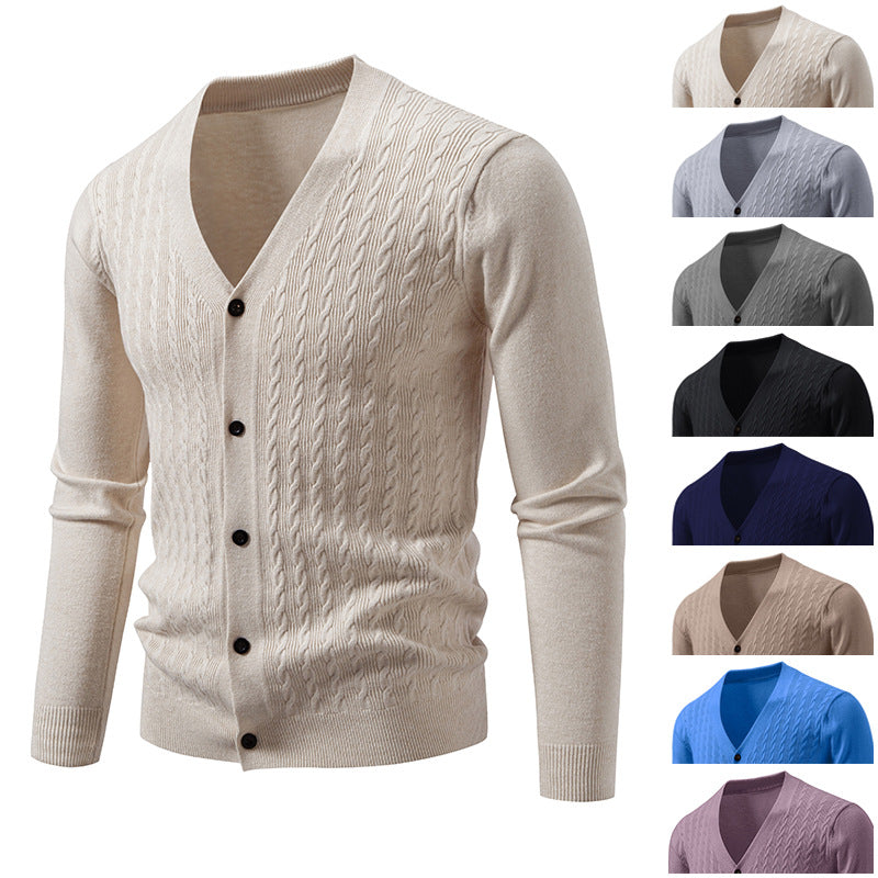 Men's fine knit cardigan with cable pattern, V-neck and button placket Mune Fashion