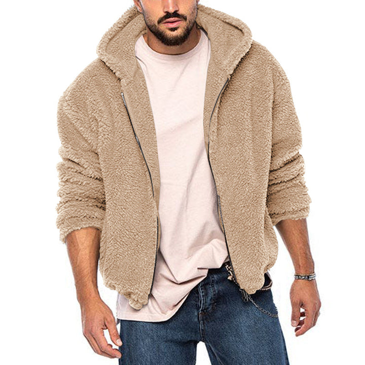 Men's Oversized Teddy-Fleece Hooded Jacket with Utility Arm Pocket, Front Zipper and Elastic Hem Mune Fashion