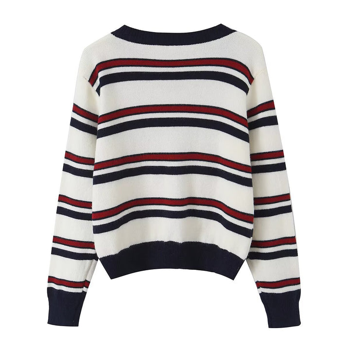Women Striped Short Cardigan with Round Neck, Button Placket and Ribbed Cuffs Mune Fashion