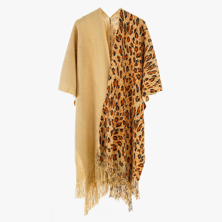 Women's Two-Tone Wool Blend Coat Poncho in Kimono Cut with Animal Jacquard and Fringe Hem Mune Fashion