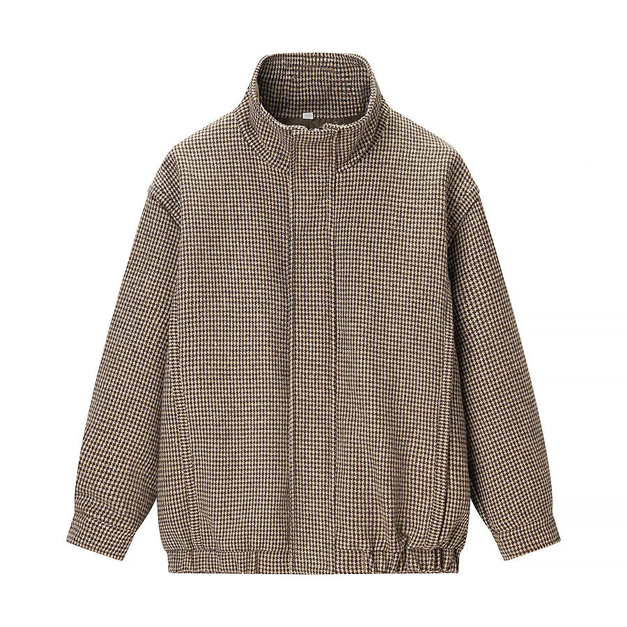 Women’s lightweight houndstooth transitional jacket with high stand-up collar, elastic hem, and concealed zipper Mune Fashion