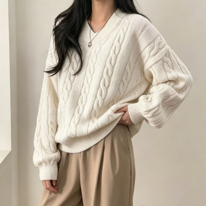 Women Oversize Cable Knit V-Neck Sweater with Dropped Shoulder Mune Fashion