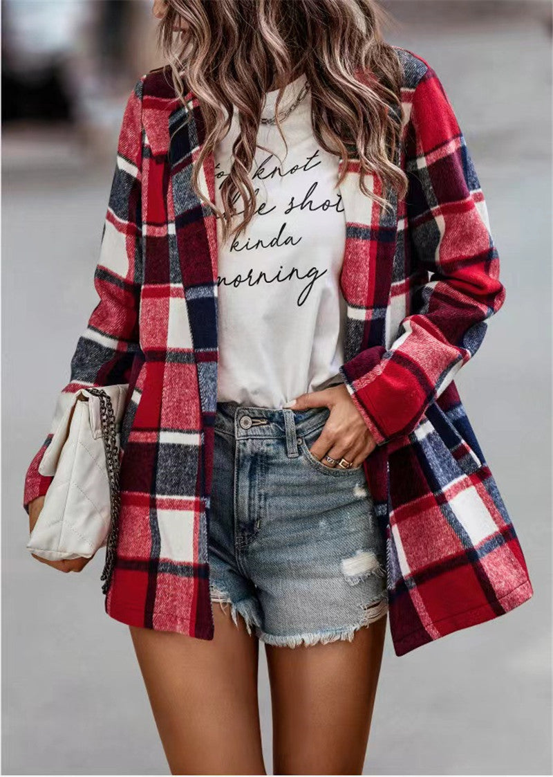 Women Checked Long Blazer Shacket Without Collar, Open Cut Mune Fashion