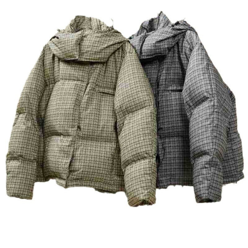Women Short Cut Quilted Check Pattern Padded Jacket with Hood Mune Fashion
