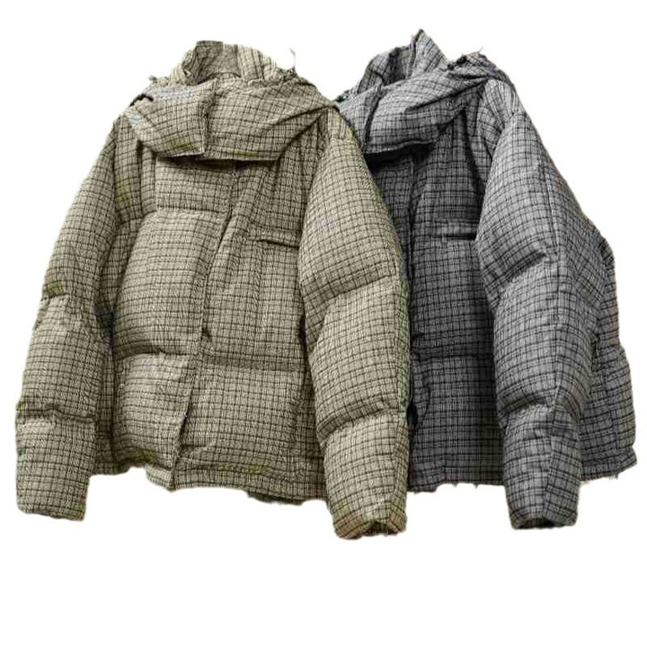 Women Short Cut Quilted Check Pattern Padded Jacket with Hood Mune Fashion