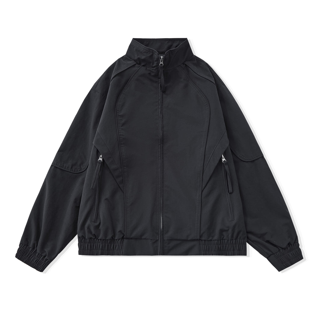 Women Short Boxy Utility Jacket with ergonomic seams, high standing collar and drawstring hood