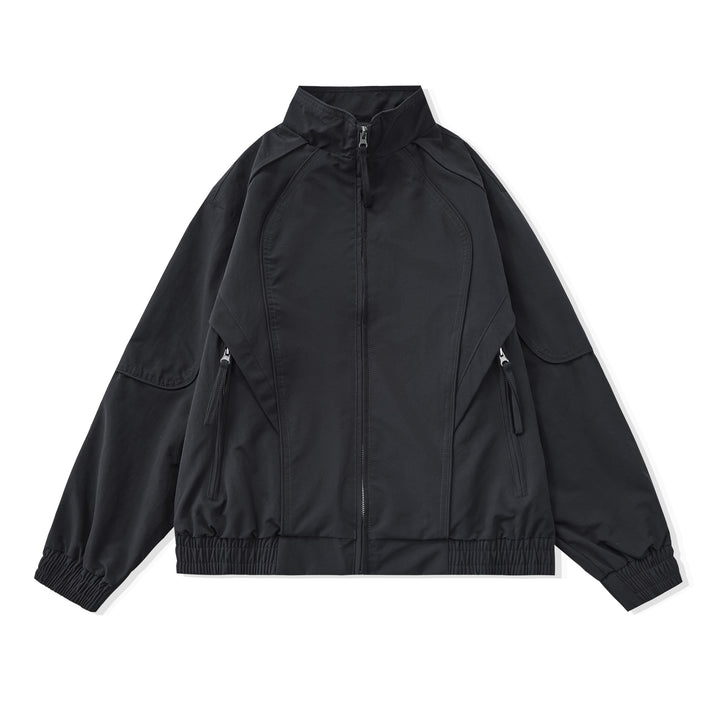 Women Short Boxy Utility Jacket with ergonomic seams, high standing collar and drawstring hood