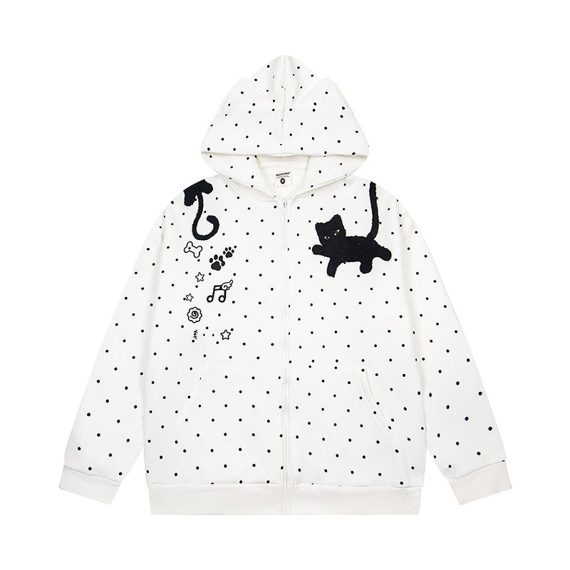 Women's hoodie sweatshirt jacket with cat ears, all-over polka dot and chenille cat applique Mune Fashion