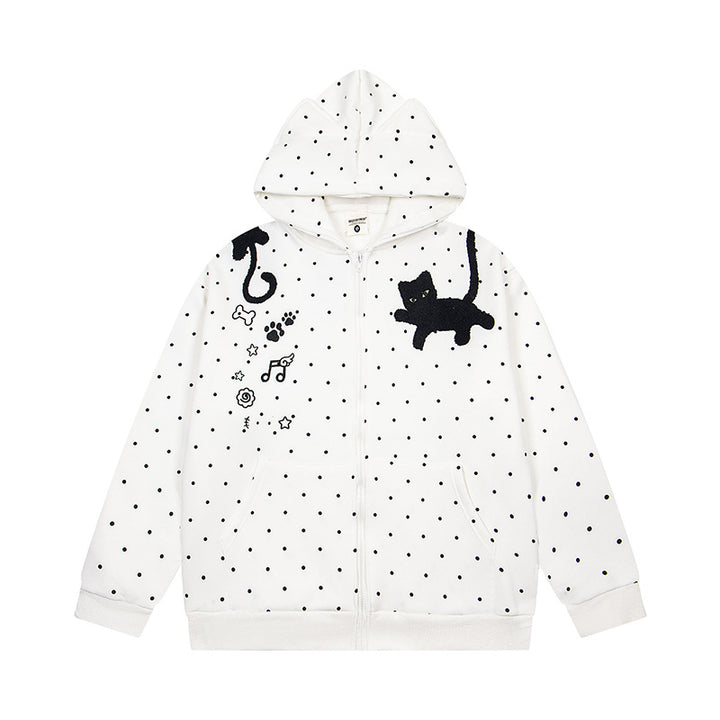 Women's hoodie sweatshirt jacket with cat ears, all-over polka dot and chenille cat applique Mune Fashion