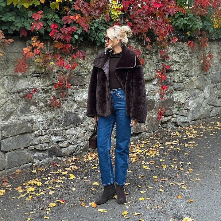 Women's Boxy Faux Fur Jacket with Voluminous Shawl Collar and Boxy Silhouette Mune Fashion