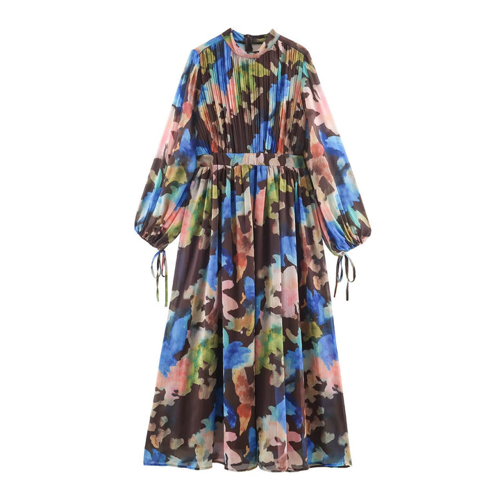 Women's Pleated Chiffon Midi Dress with Watercolor Print, Tailored Silhouette and Balloon Sleeves Mune Fashion