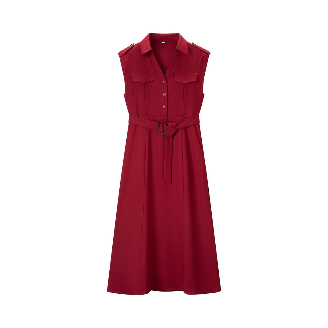 Women’s sleeveless shirt dress with waist belt, chest pockets and lapel collar Mune Fashion