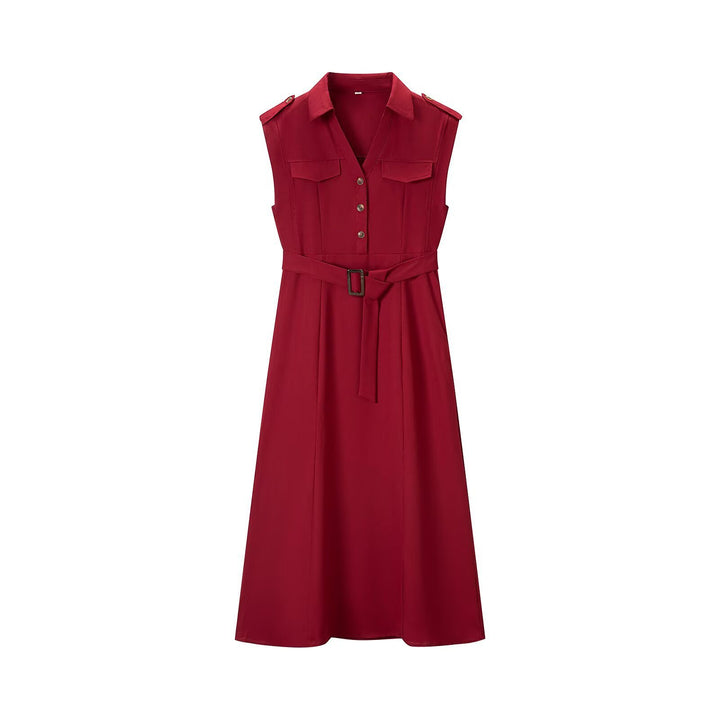 Women’s sleeveless shirt dress with waist belt, chest pockets and lapel collar Mune Fashion