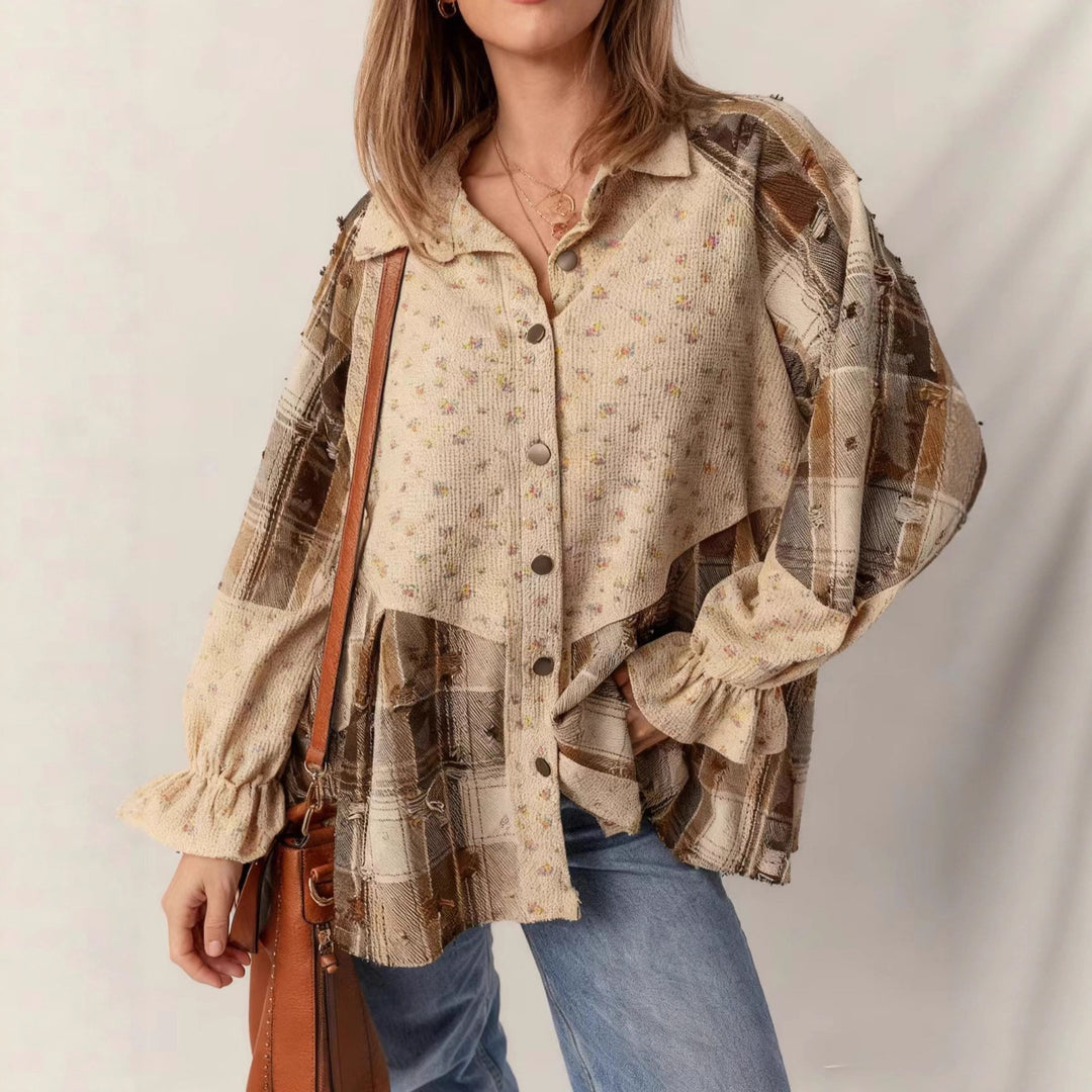 Women's patchwork blouse jacket with pleated hem and button placket Drune