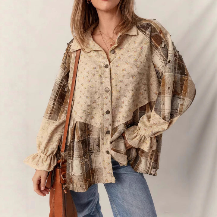 Women's patchwork blouse jacket with pleated hem and button placket Drune