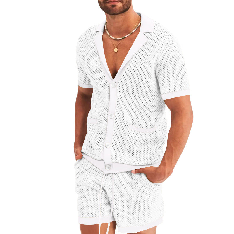Men's open mesh knit cardigan with matching drawstring shorts Mune Fashion