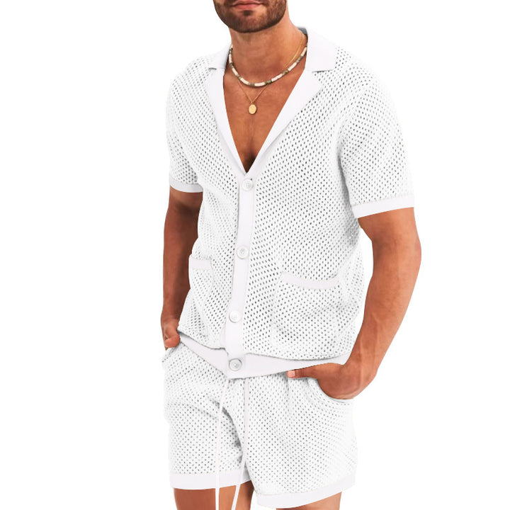 Men's open mesh knit cardigan with matching drawstring shorts Mune Fashion