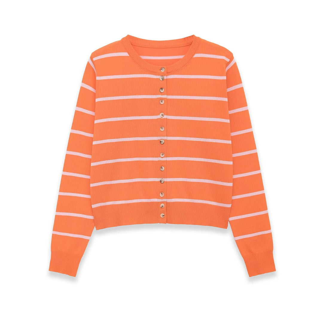 Women's fine knit cardigan short cut with button placket and striped pattern Mune Fashion