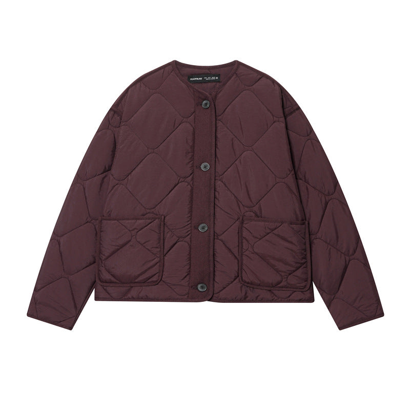 Women's Quilted Oversized Quilted Jacket with Round Neckline, Patch Pockets and Button Placket Mune Fashion