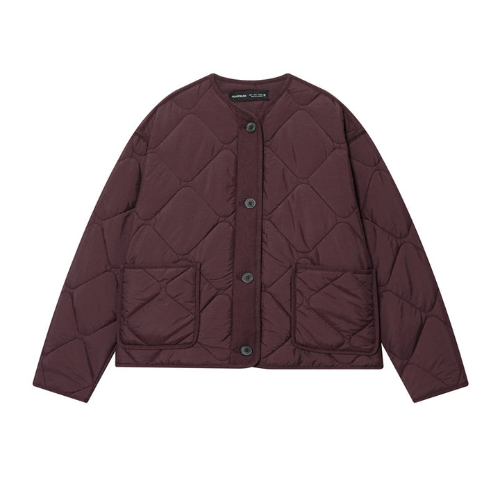 Women's Quilted Oversized Quilted Jacket with Round Neckline, Patch Pockets and Button Placket Mune Fashion