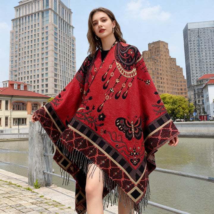 Women Jacquard Statement Poncho with paisley and butterfly motif as well as fringes Mune Fashion