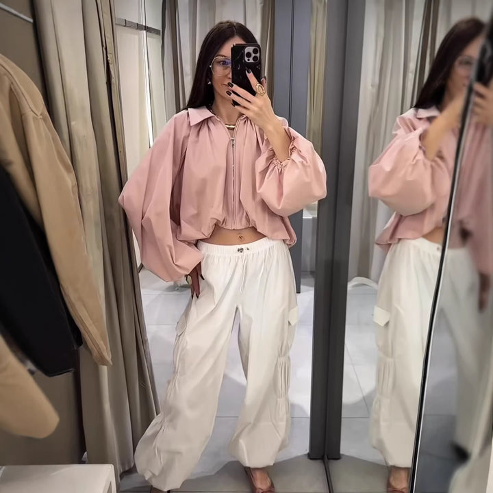 Women Cropped Blouse Jacket with Shirt Collar, Gathered Yoke and Wide Volume Sleeve Mune Fashion