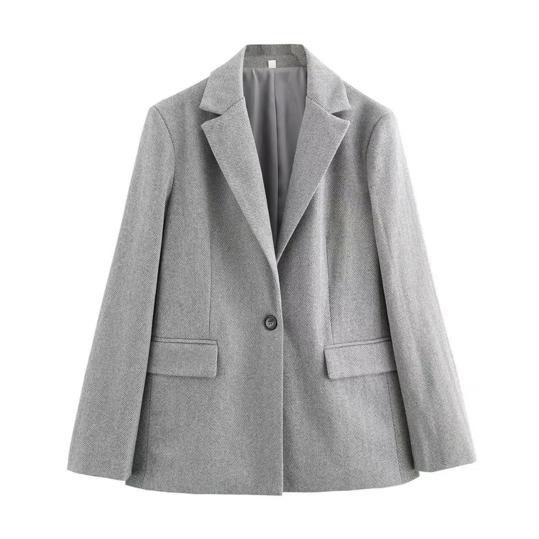 Women's Single-Breasted Blazer with Houndstooth Pattern, Notched Lapel and Flap Pockets Drune