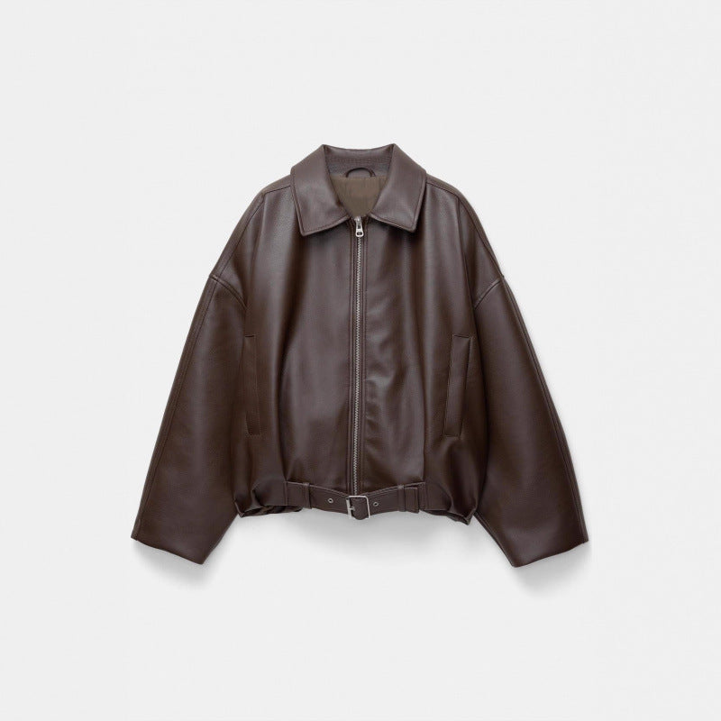 Women Oversized Leatherette Blouson with Waist Belt Mune Fashion