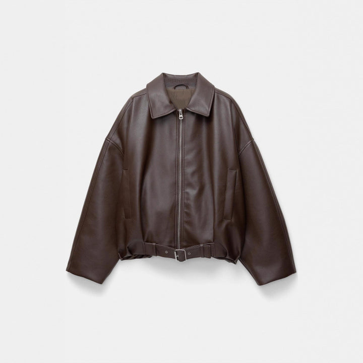 Women Oversized Leatherette Blouson with Waist Belt Mune Fashion