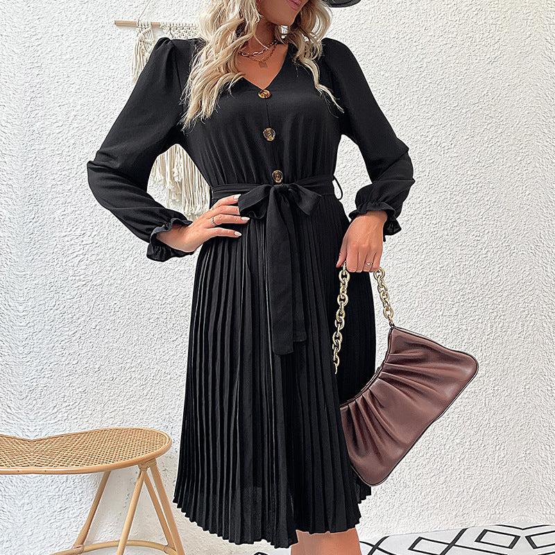 Women's midi dress with V-neck, fitted tie belt, and pleated skirt Mune Fashion