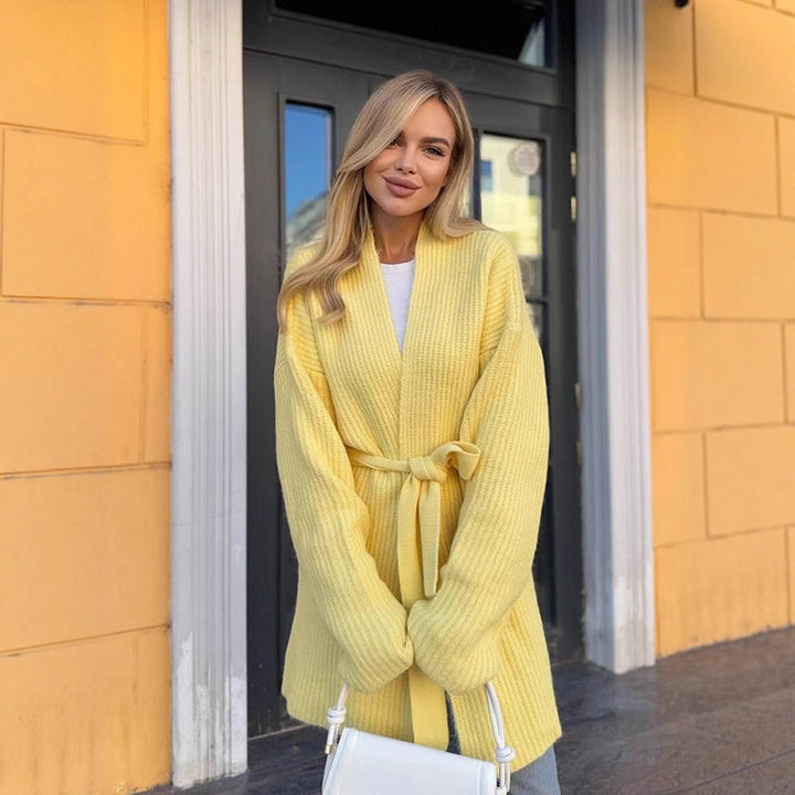 Women's Oversize Knit Coat with Ties and Ribbed Fine Knit Dress