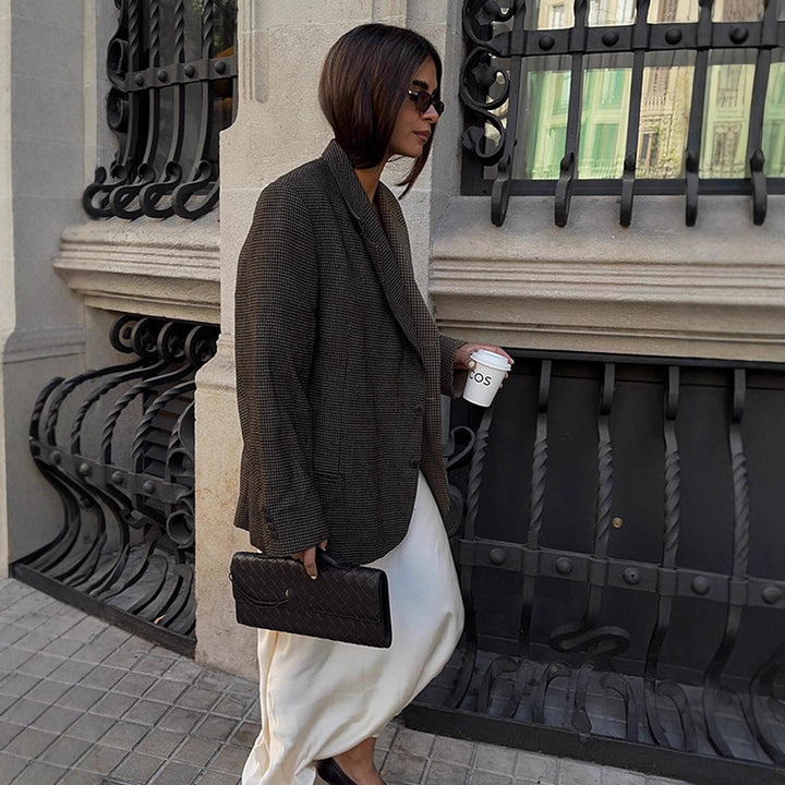 Women's Oversize Glencheck Long Blazer with boxy silhouette and structured shoulder