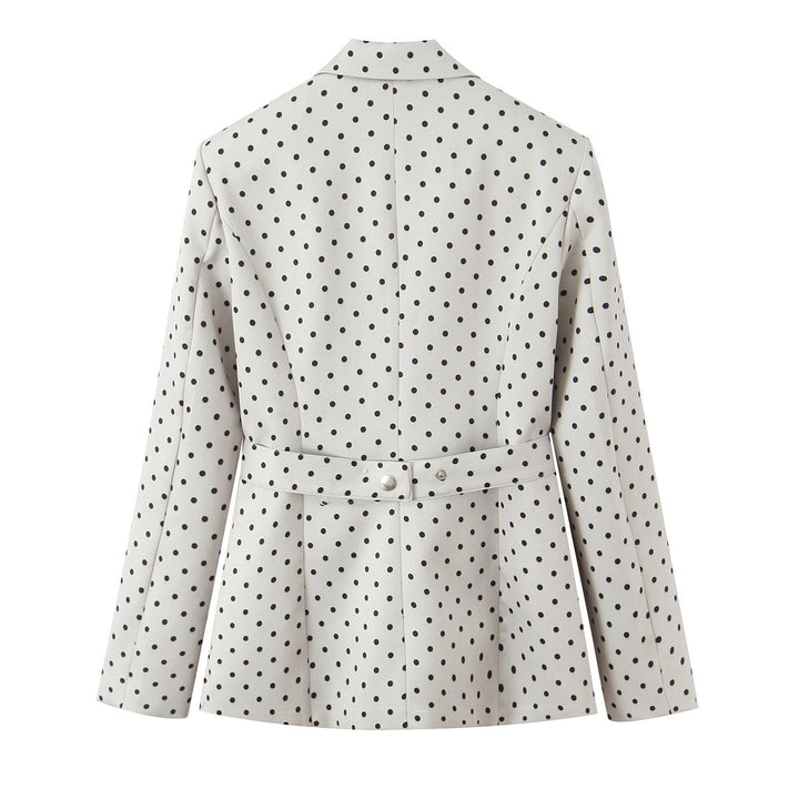 Women's Fitted Polka Dot Blazer with Tie Belt and Notched Collar Mune Fashion