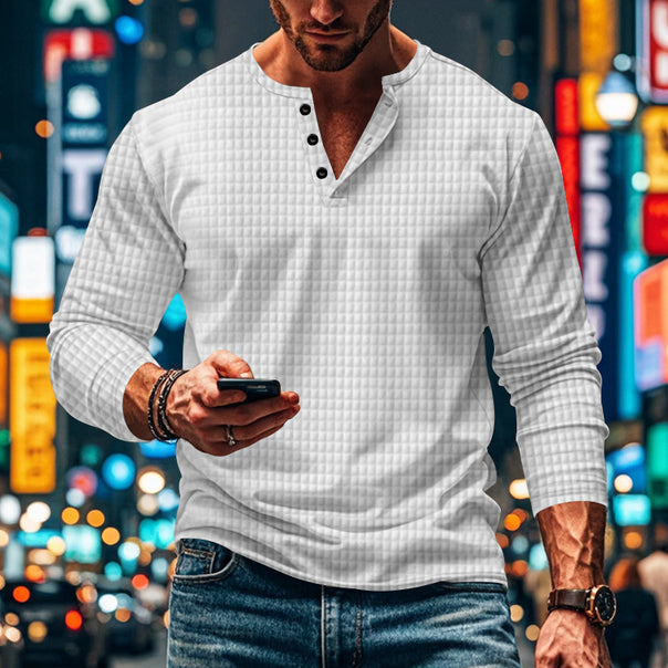 Men's fitted long-sleeve shirt with round neck button placket and waffle structure Mune Fashion