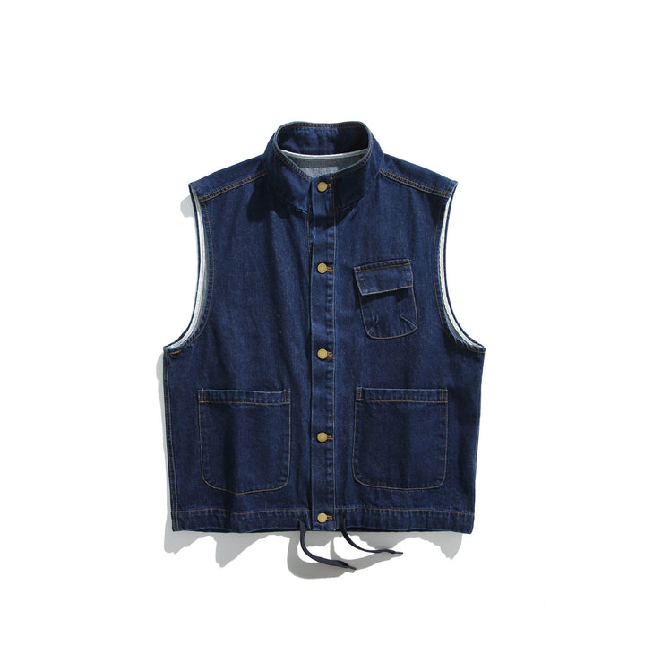 Unisex Denim Vest in Utility Style with Stand-Up Collar Mune Fashion