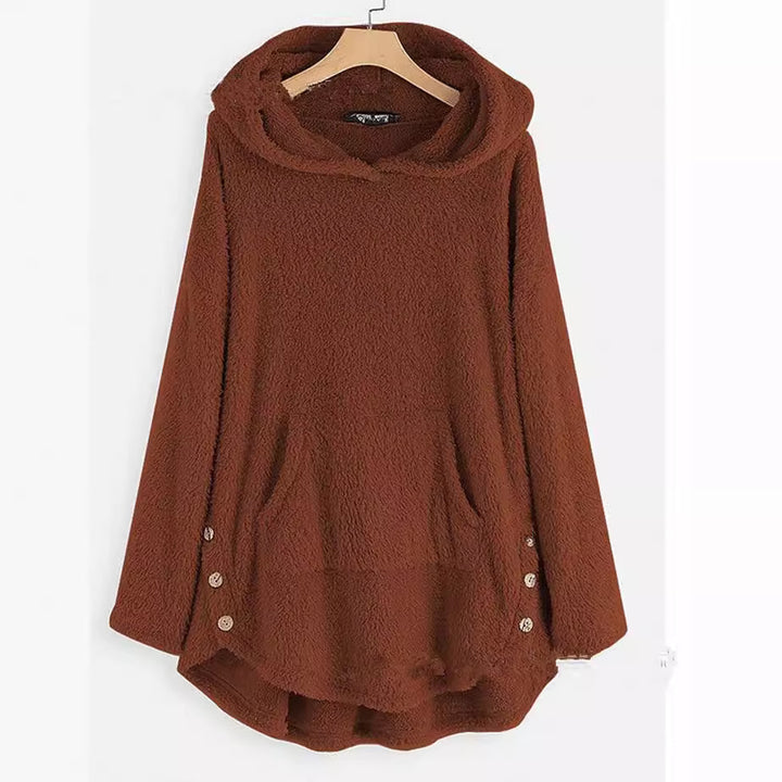 Women's cuddly teddy hoodie with kangaroo pocket, button placket on the sides and rounded hem Mune Fashion