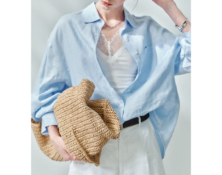 Women High-Quality Linen Blouse with Long Sleeves Mune Fashion
