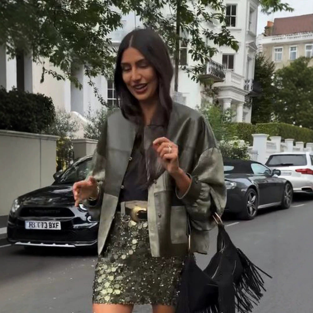 Women's short jacket in leather look and jacquard with stand-up collar Mune Fashion
