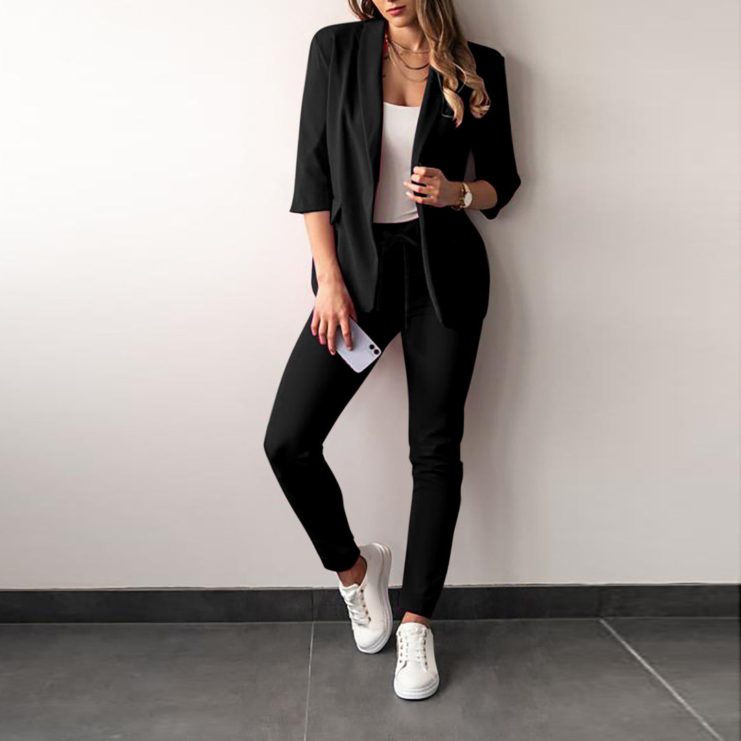 Ladies Longline Blazer and Slim Jogger Set with Three-Quarter Sleeves and Drawstring Waist Mune Fashion