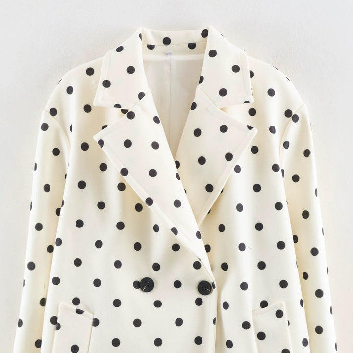 Women's midi coat in polka dot pattern with lapel collar and double-breasted button placket Mune Fashion