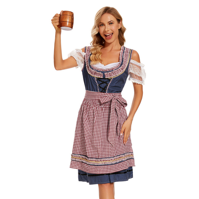 Ladies traditional dirndl dress with checked apron skirt, lacing and lace sleeves Mune Fashion